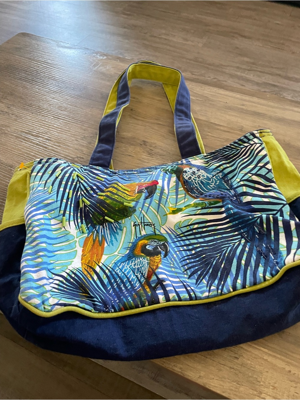 Guy Harvey Tropical island parrots blue canvas Tote bag with sequins & beads 11”